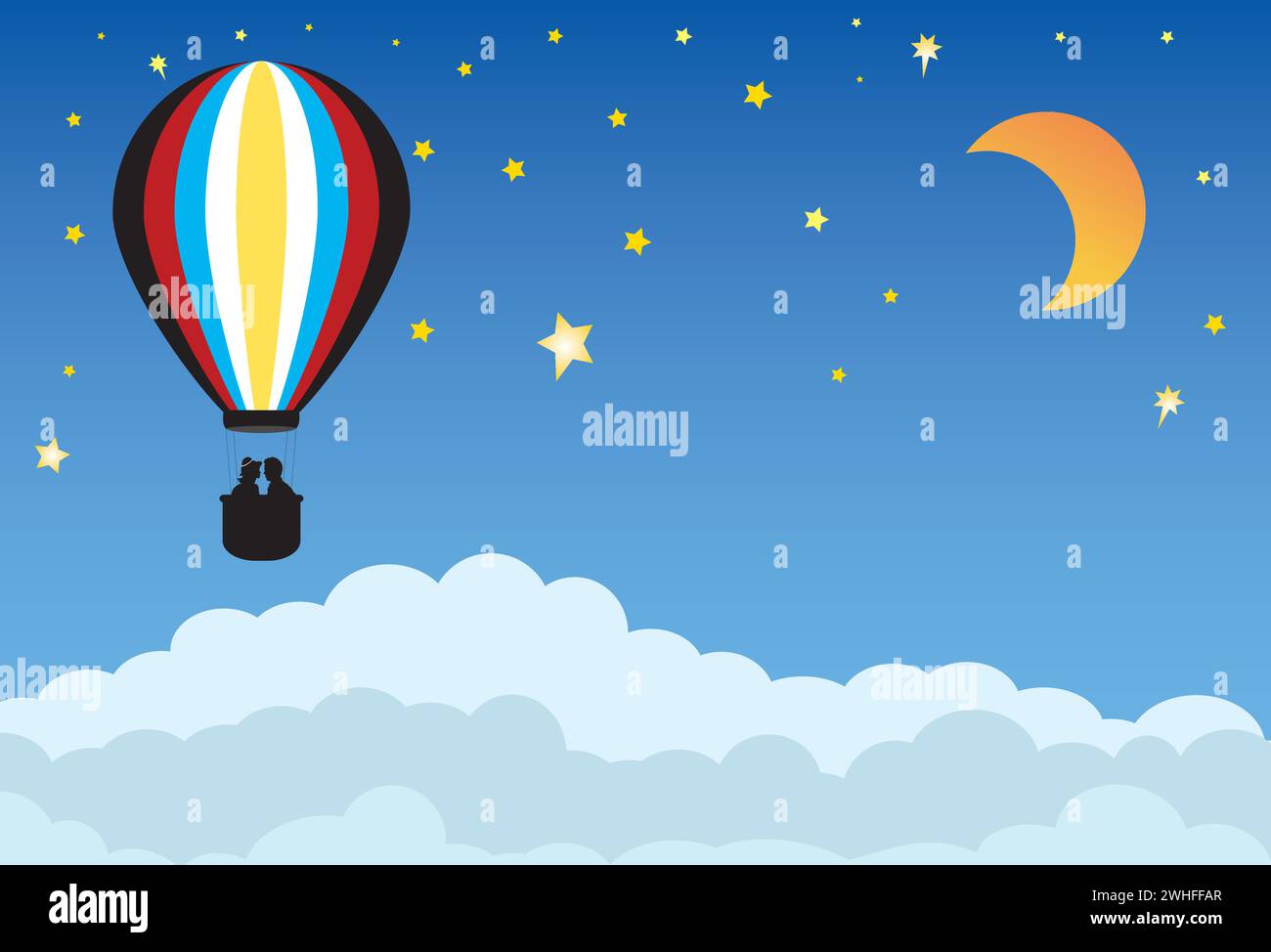 Silhouette de couple heureux dans une montgolfière au-dessus des nuages avec le ciel bleu et le soleil et la lune en arrière-plan Illustration de Vecteur