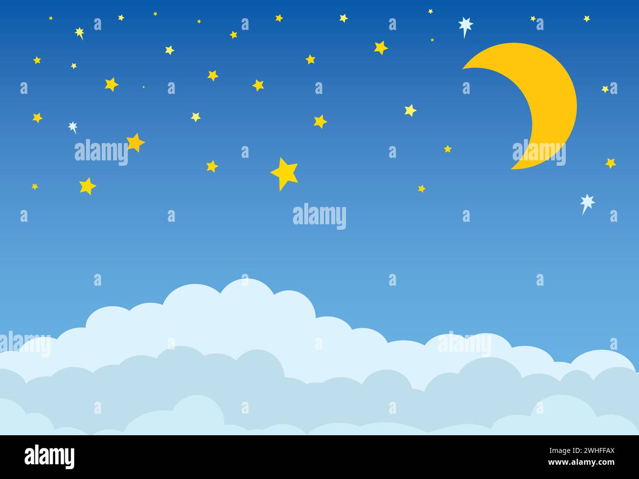 nuages bleus avec ciel bleu et étoiles avec lune jaune Illustration de Vecteur