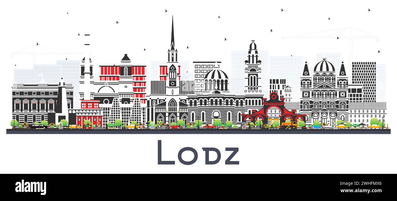 Lodz Pologne City Skyline avec des bâtiments de couleur isolés sur blanc. Illustration vectorielle. Paysage urbain de Lodz avec des points de repère. Illustration de Vecteur