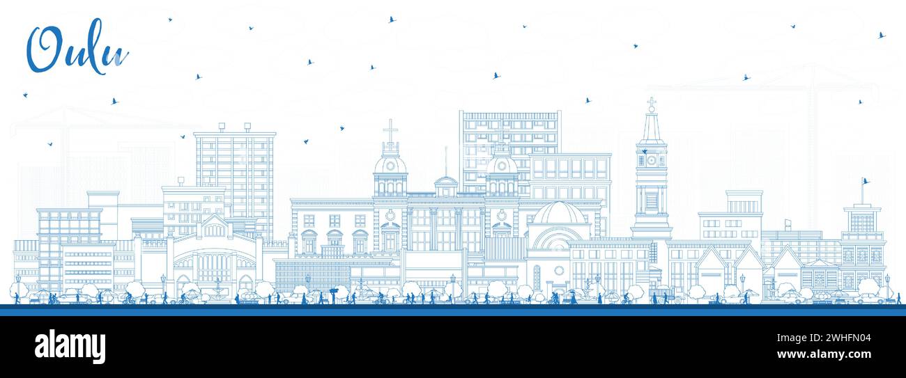 Dessinez les gratte-ciel d'Oulu Finlande avec des bâtiments bleus. Illustration vectorielle. Paysage urbain d'Oulu avec des monuments. Illustration de Vecteur