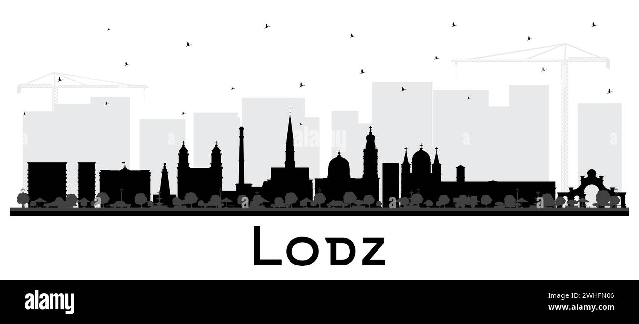 Silhouette Lodz Poland City Skyline avec des bâtiments noirs isolés sur blanc. Illustration vectorielle. Paysage urbain de Lodz avec des points de repère. Illustration de Vecteur