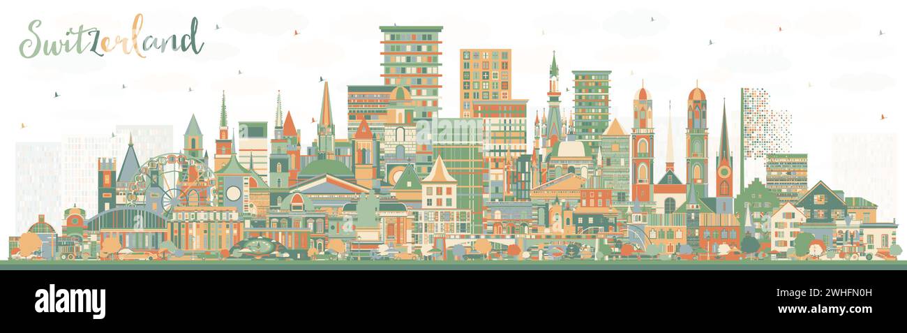Suisse City Skyline avec des bâtiments de couleur. Illustration vectorielle. Architecture moderne et historique. Paysage urbain de Suisse avec des monuments. Berne. Illustration de Vecteur