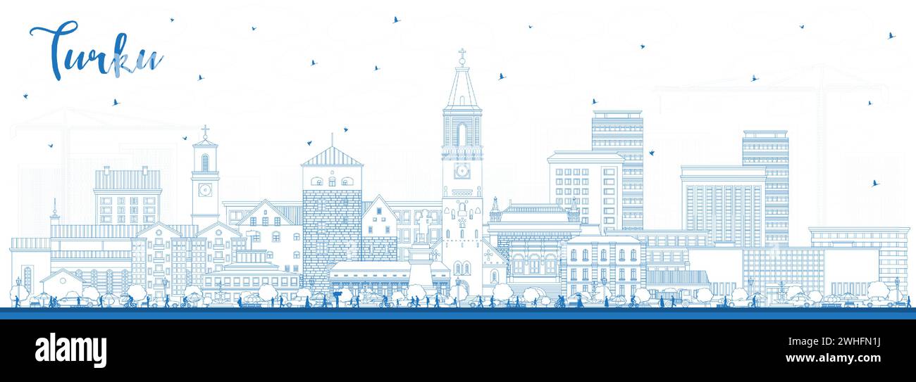 Esquissez les gratte-ciel de Turku Finlande avec des bâtiments bleus. Illustration vectorielle. Paysage urbain de Turku avec des monuments. Illustration de Vecteur