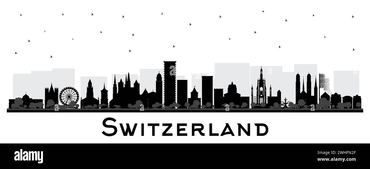 Silhouette Suisse City Skyline avec des bâtiments noirs isolés sur blanc. Illustration vectorielle. Architecture moderne et historique. Illustration de Vecteur