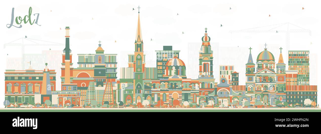 Lodz Pologne City Skyline avec des bâtiments de couleur. Illustration vectorielle. Paysage urbain de Lodz avec des points de repère. Illustration de Vecteur