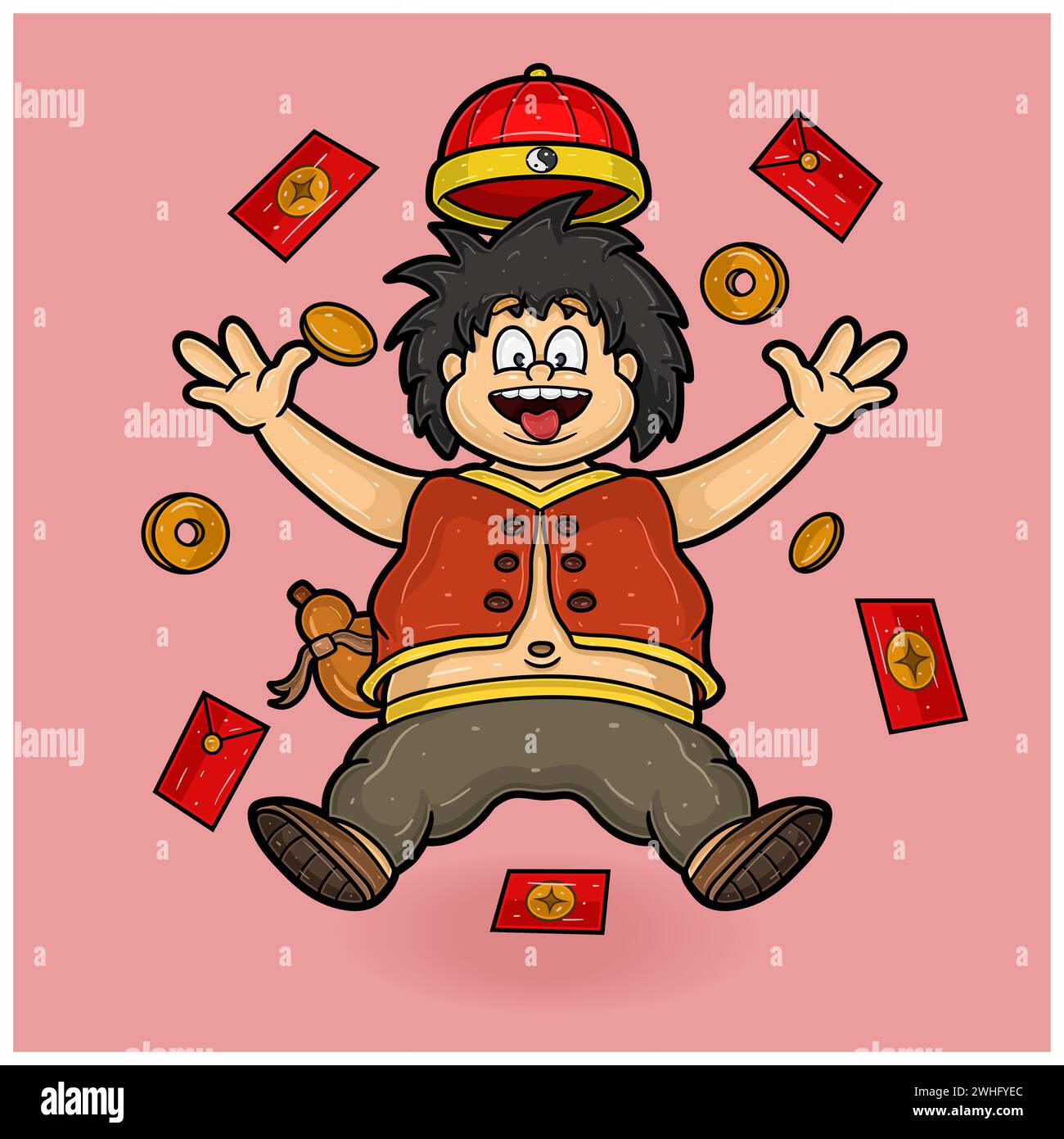 Personnage mascotte des Chinois avec Fly pose pour le nouvel an. Illustrations vectorielles. Illustration de Vecteur