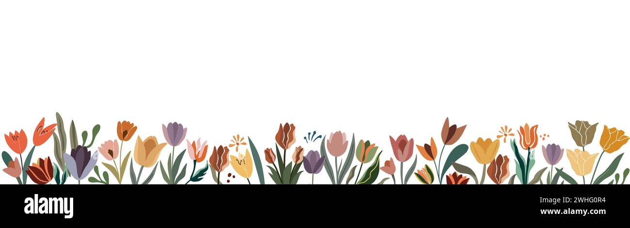 Bannière de printemps, bordure sans couture avec des fleurs de tulipe Illustration de Vecteur
