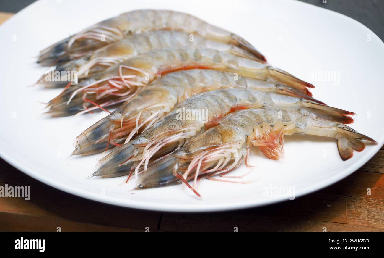crevettes de fruits de mer crues délicieuses et fraîches sur une assiette blanche prête pour la cuisson Banque D'Images