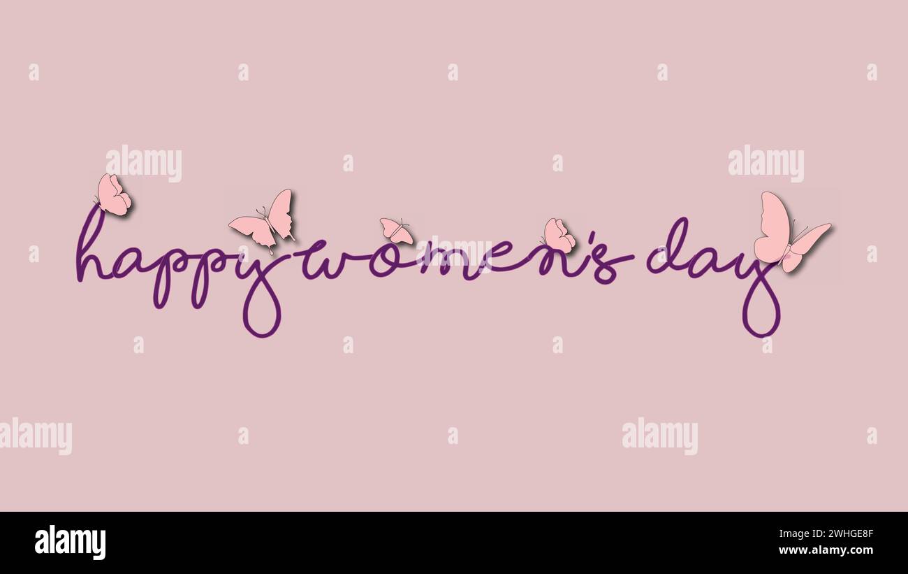 Bonne typographie de la Journée des femmes avec des papillons 3D pour le modèle de page de destination, l'application mobile Web, l'affiche ou la bannière, l'illustration de découpe de papier 3D, le concept de la journée des femmes Illustration de Vecteur