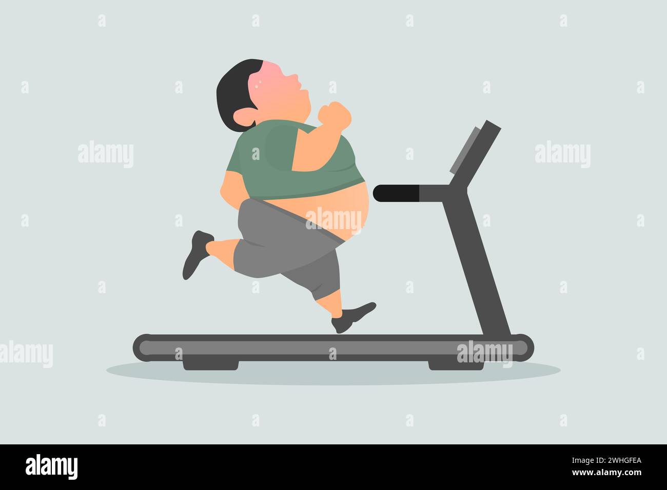 Un gros homme en surpoids qui court sur un tapis roulant. Perte de poids et anti-obésité. Illustration vectorielle. Illustration de Vecteur