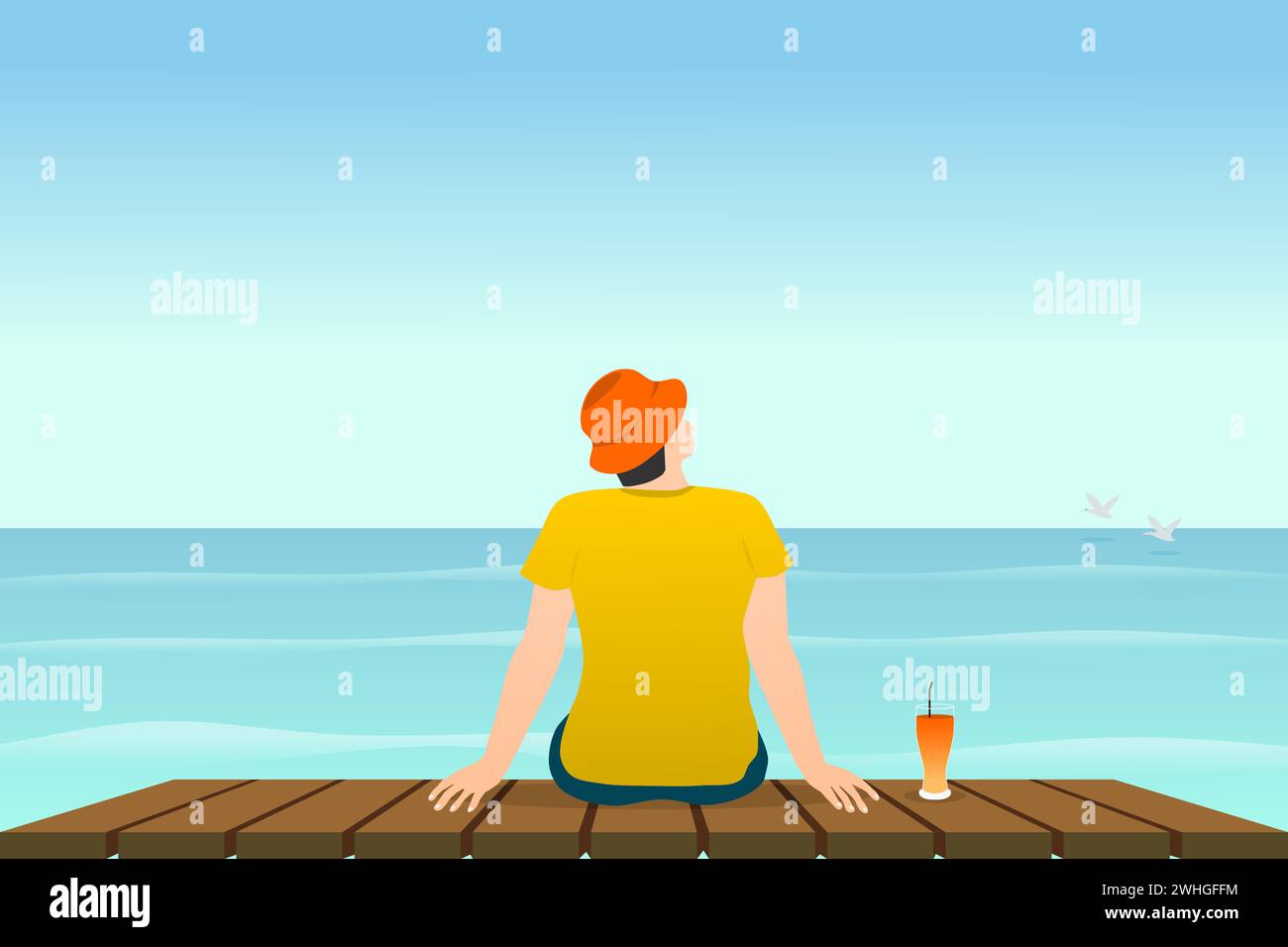 Vue arrière d'un homme assis sur une terrasse en bois avec vue sur l'océan. Illustration vectorielle. Illustration de Vecteur