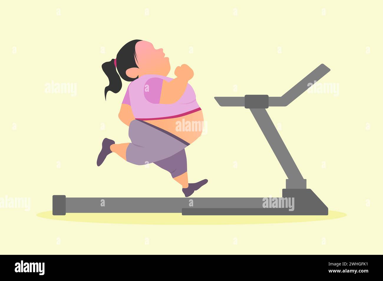 Une grosse femme en surpoids qui court sur un tapis roulant. Perte de poids et anti-obésité. Illustration vectorielle. Illustration de Vecteur