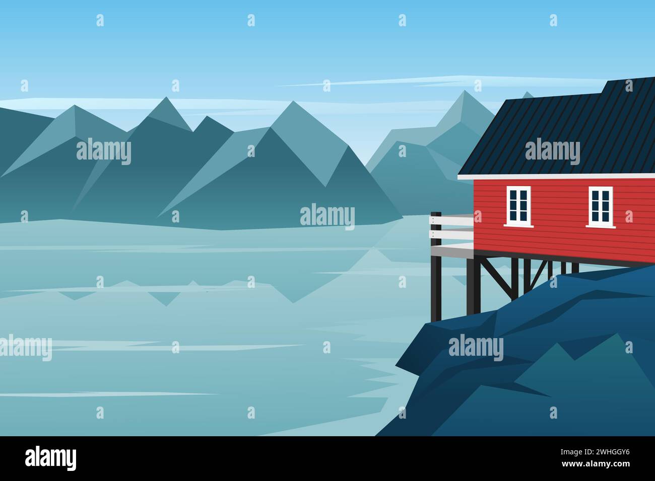 Extérieur de maison en bois avec beau lac et paysage de montagne. Norvège. Maison rouge. Scandinavie. Illustration vectorielle. Illustration de Vecteur