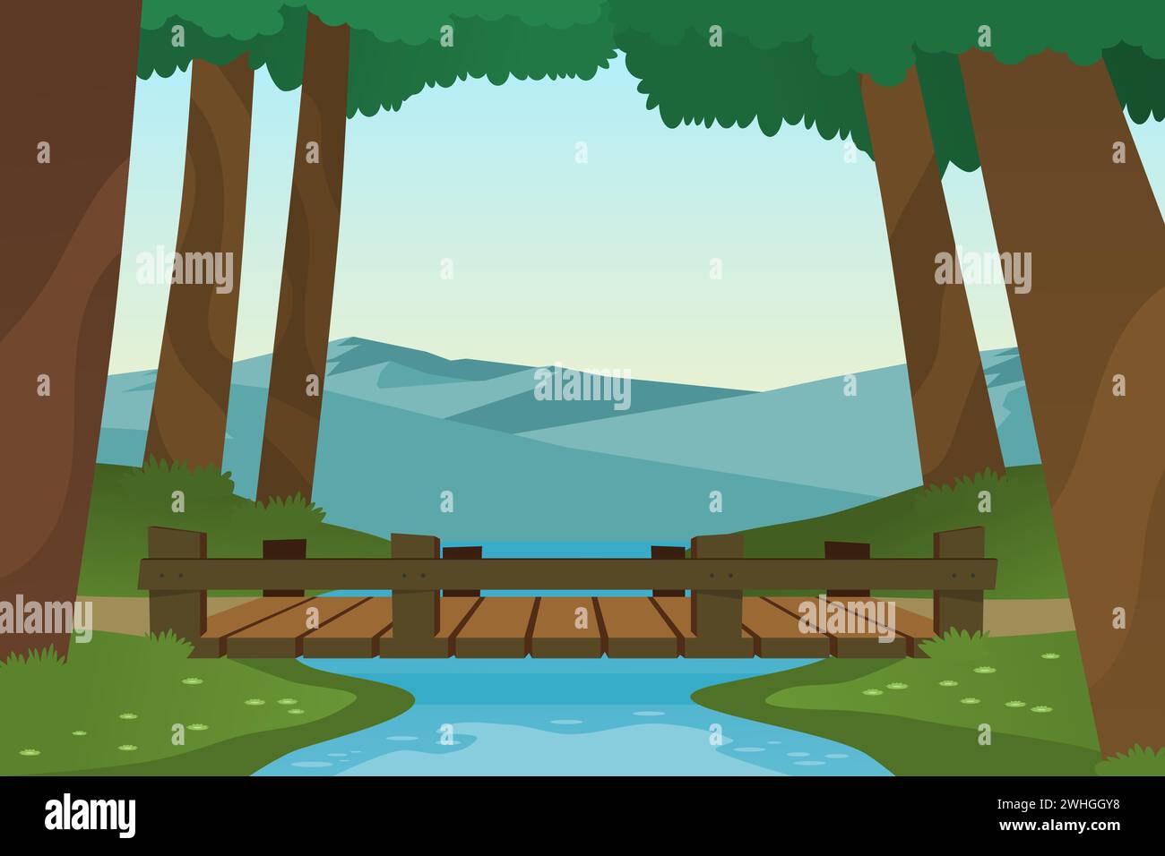 Petit pont en bois dans la forêt avec petite rivière et montagnes. Illustration vectorielle. Illustration de Vecteur