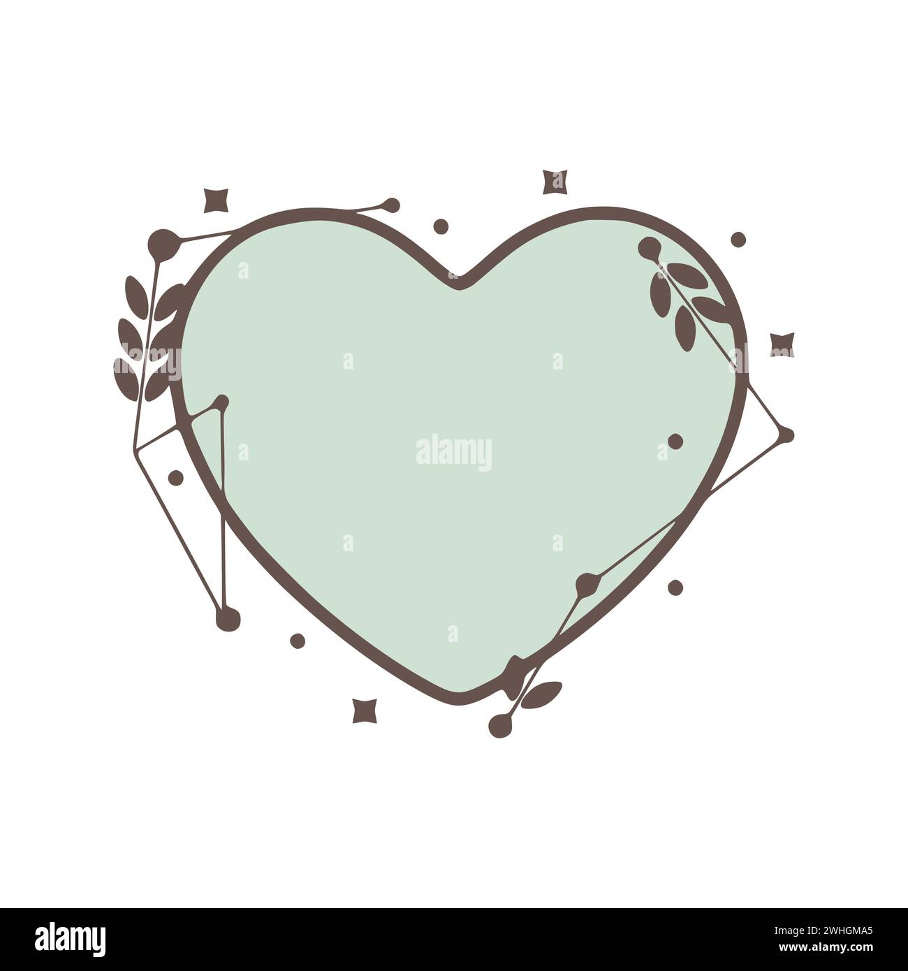Coeur nature cadres géométriques avec des feuilles faites de lignes et de points dans le style dessiné à la main. Banque D'Images