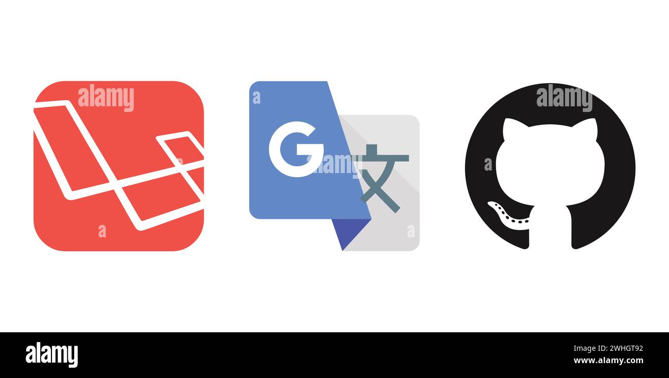 GitHub, Laravel, Google Translate. Emblème de marque éditoriale. Illustration de Vecteur