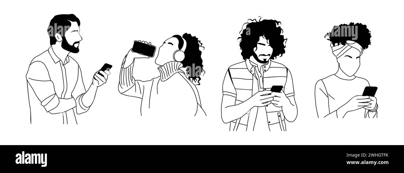 Différentes personnes tenant, en utilisant des téléphones mobiles ensemble. Illustration de Vecteur