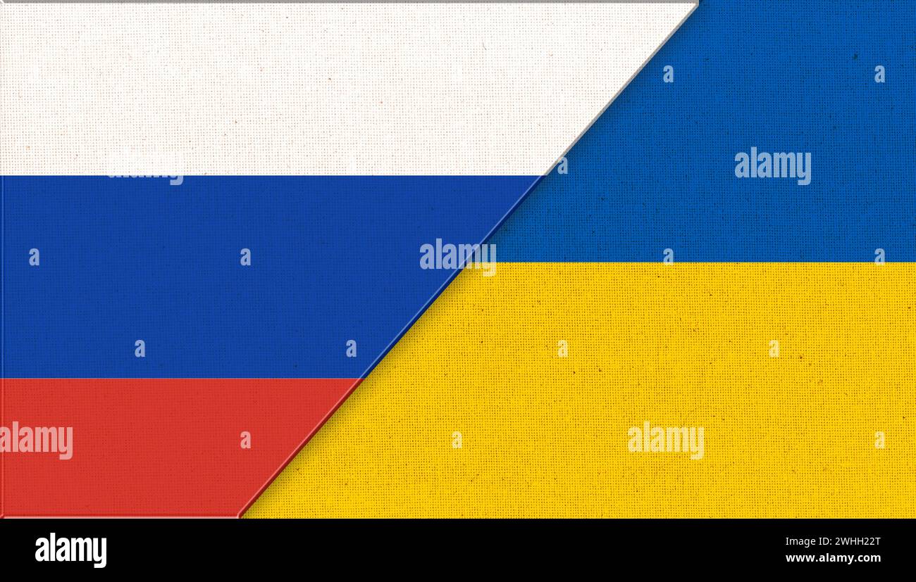 Drapeau de l'Ukraine et de la russie. Symboles nationaux de l'Ukraine et de la russie - illustration 3D. Ukrainien et Banque D'Images