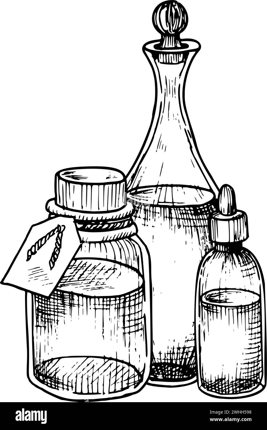 Bouteilles en verre et carafe à l'huile essentielle pour l'aromathérapie et la pharmacie. Illustrations vectorielles dessinées à la main de flacons vintage peints par des encres noires. Dessin linéaire de cosmétique ou de médecine naturelle. Illustration de Vecteur