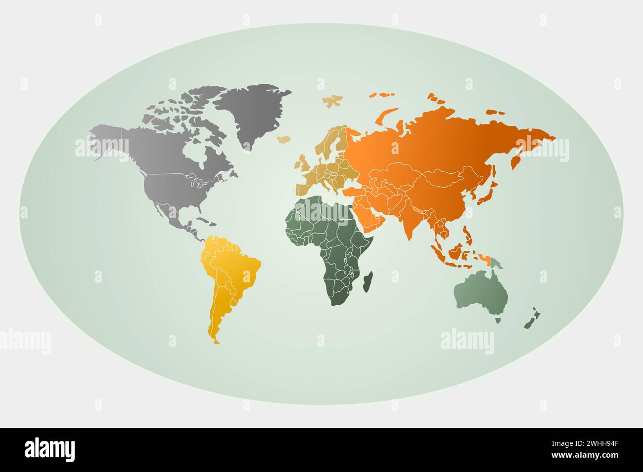Carte du monde vectorielle en forme ovale. Couleurs vert et orange. Illustration de Vecteur