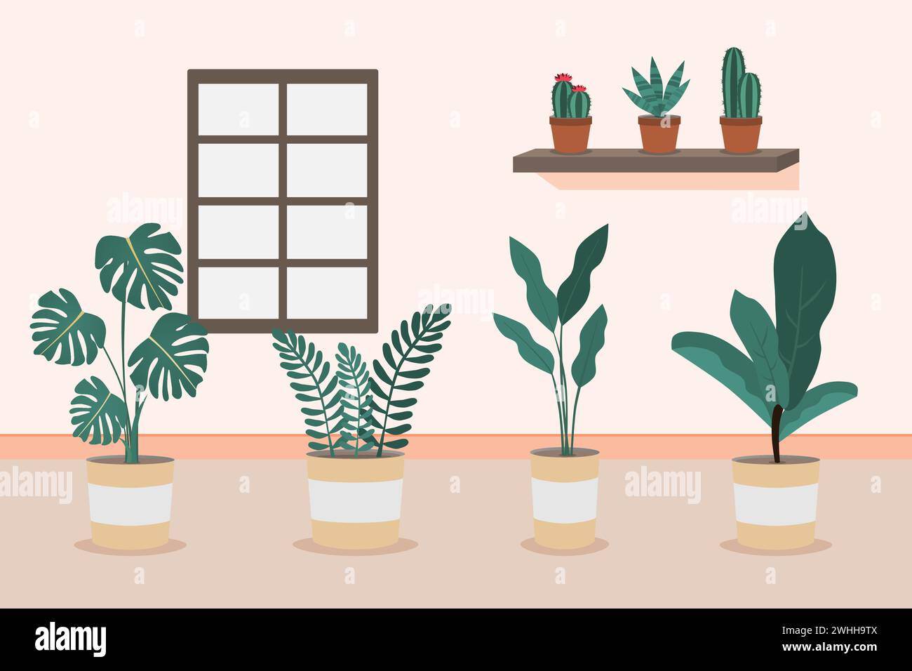 Illustration vectorielle de décor de maison de plantes de maison. Plantes vertes debout dans des pots. Plantes d'intérieur dans une pièce. Illustration de Vecteur