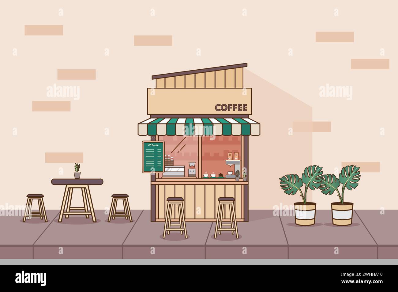 Illustration vectorielle de stalle de café de rue. Café extérieur sur la zone piétonne. Illustration de Vecteur