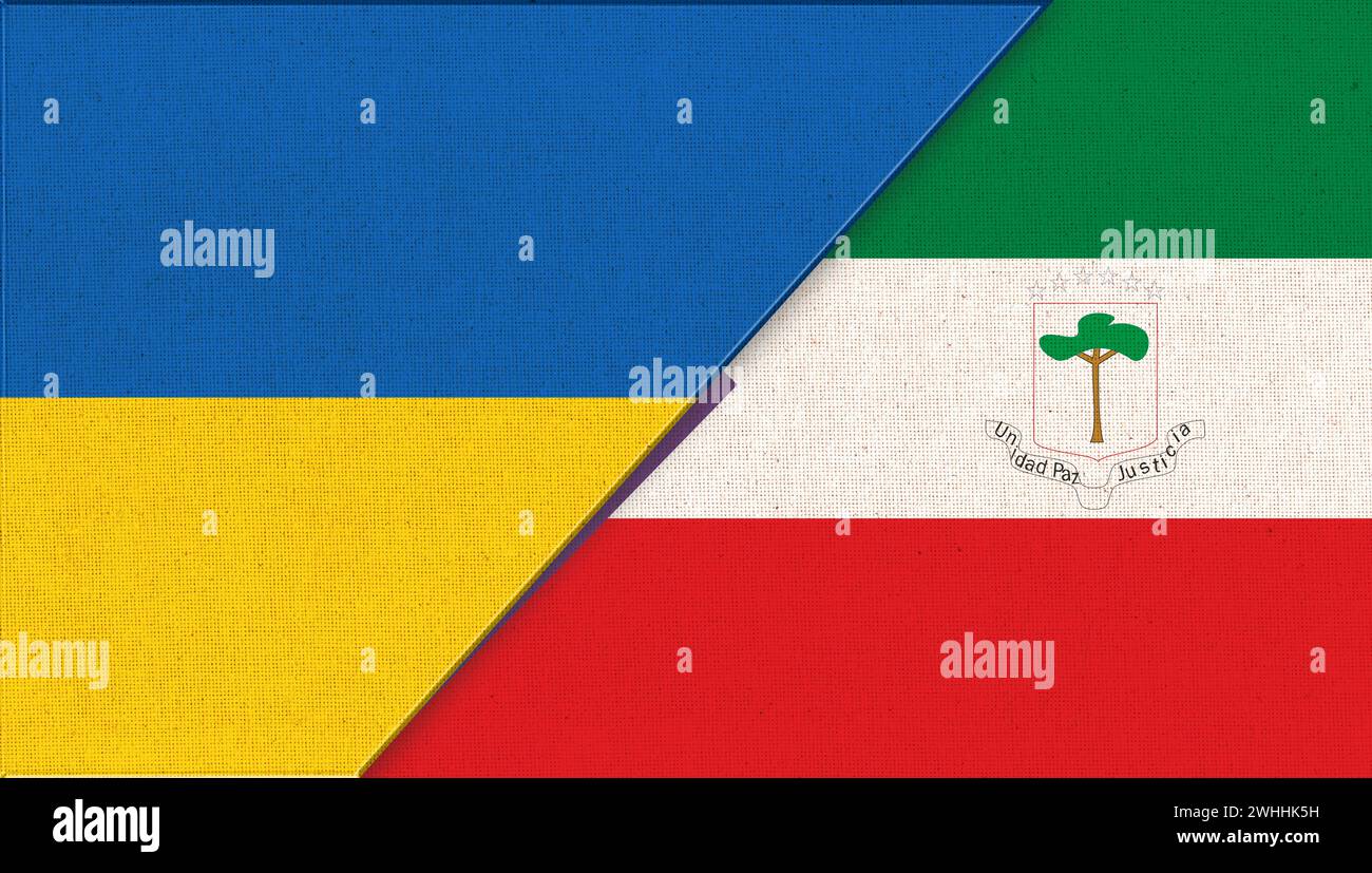 Drapeaux de l'Ukraine et de la Guinée équatoriale - illustration 3D. Deux drapeaux ensemble. Symboles nationaux du Royaume-Uni Banque D'Images