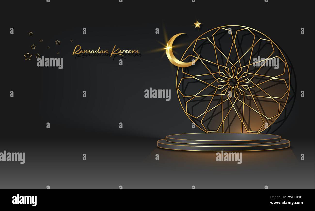 Podium islamique de luxe avec croissant de lune en or, cadre rond islamique traditionnel. Bannière arabe horizontale 3D pour la vitrine du produit, présentation du produit Illustration de Vecteur