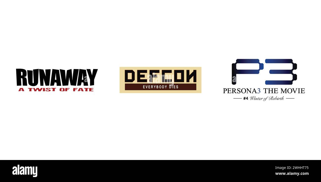 DEFCON, Runaway 3, Persona 3 le film Chapitre 4. Emblème de marque éditoriale. Illustration de Vecteur