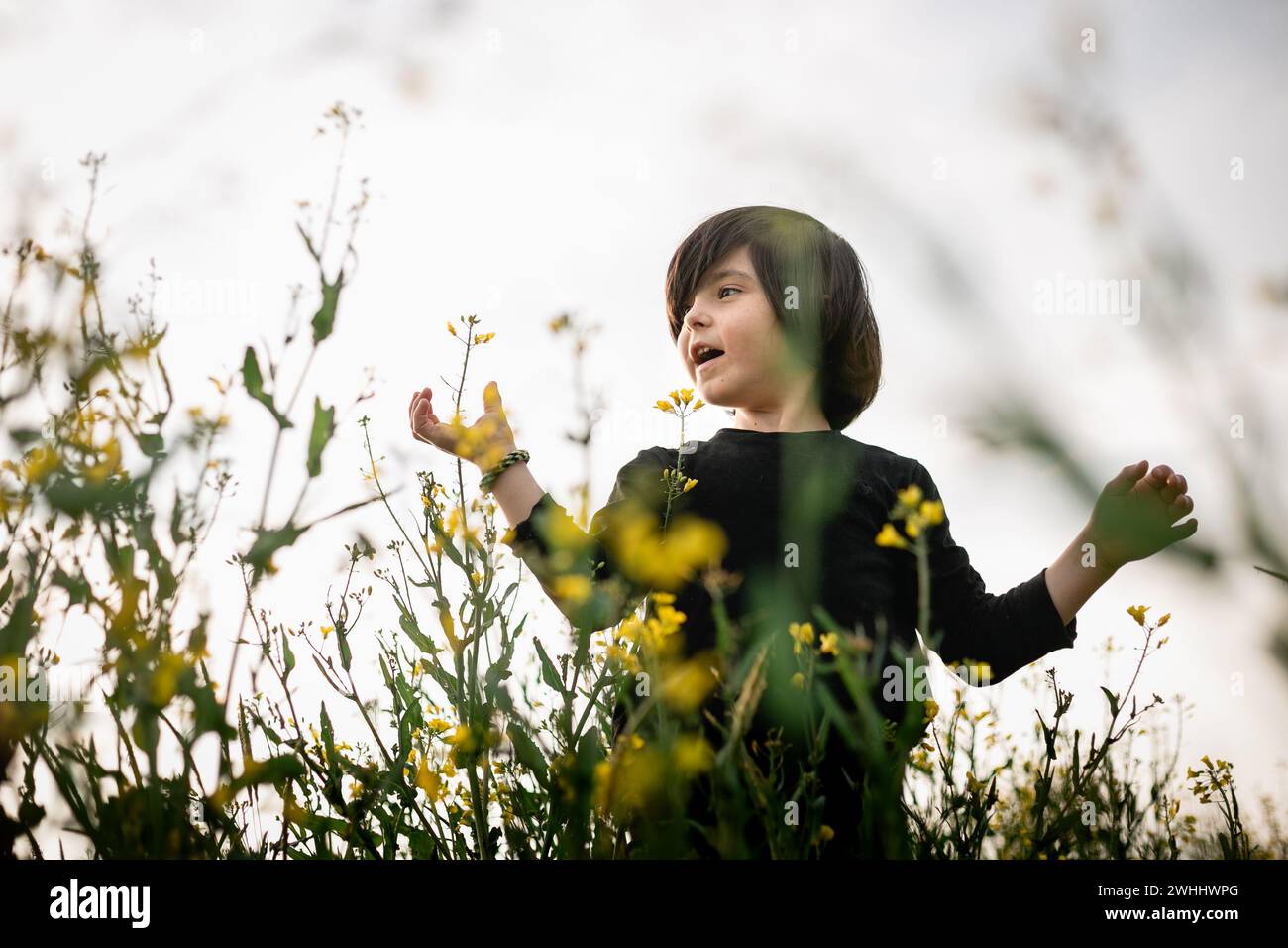 vue en angle bas sur l'enfant dansant dans des vêtements sombres dans le champ avec des fleurs jaunes Banque D'Images