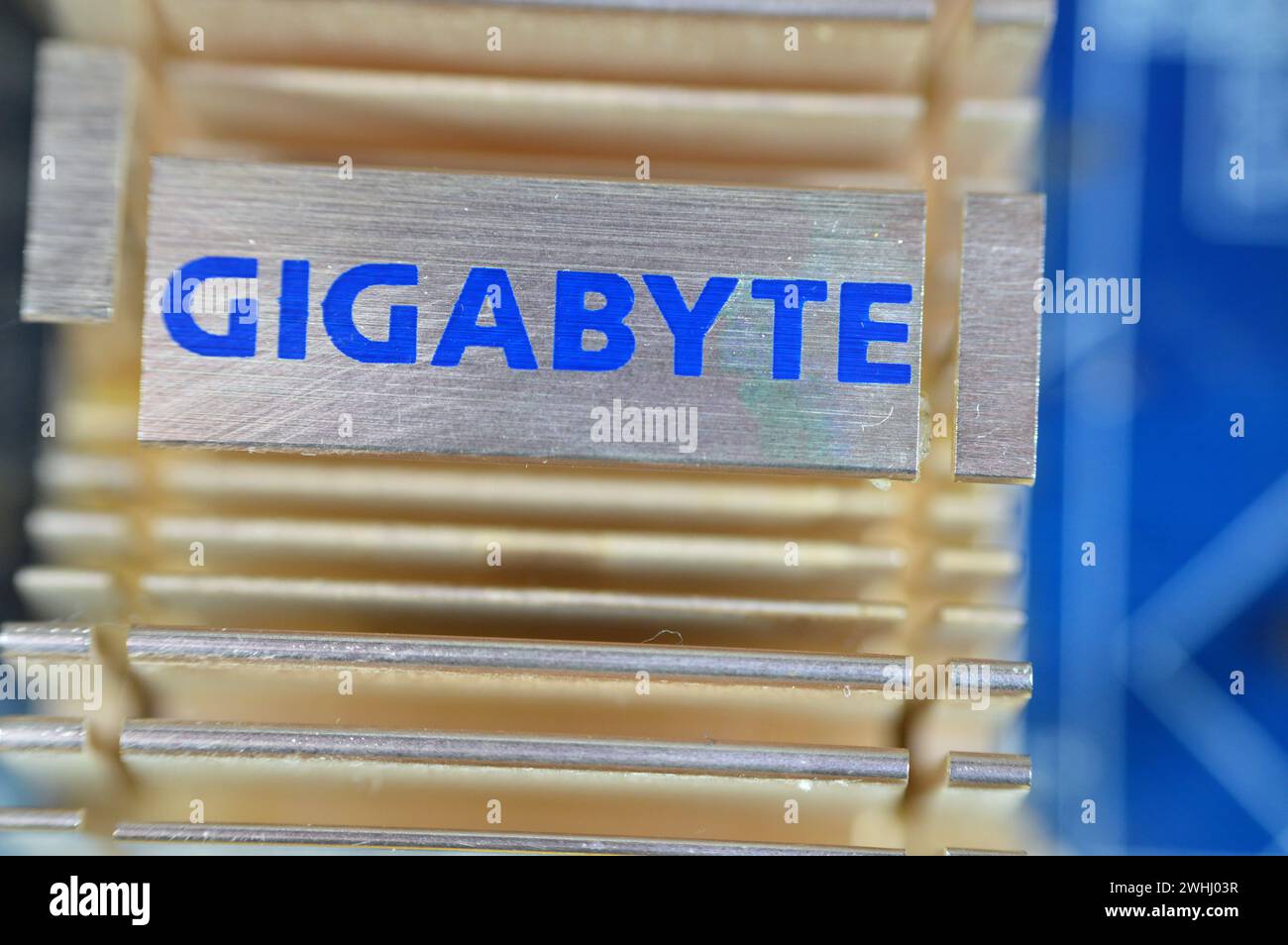 Le Caire, Egypte, 9 février 2024 : GIGABYTE Technology Company signe logo pour les cartes mères de l'ordinateur de la carte principale, Gigabyte est un fabricant taïwanais et di Banque D'Images