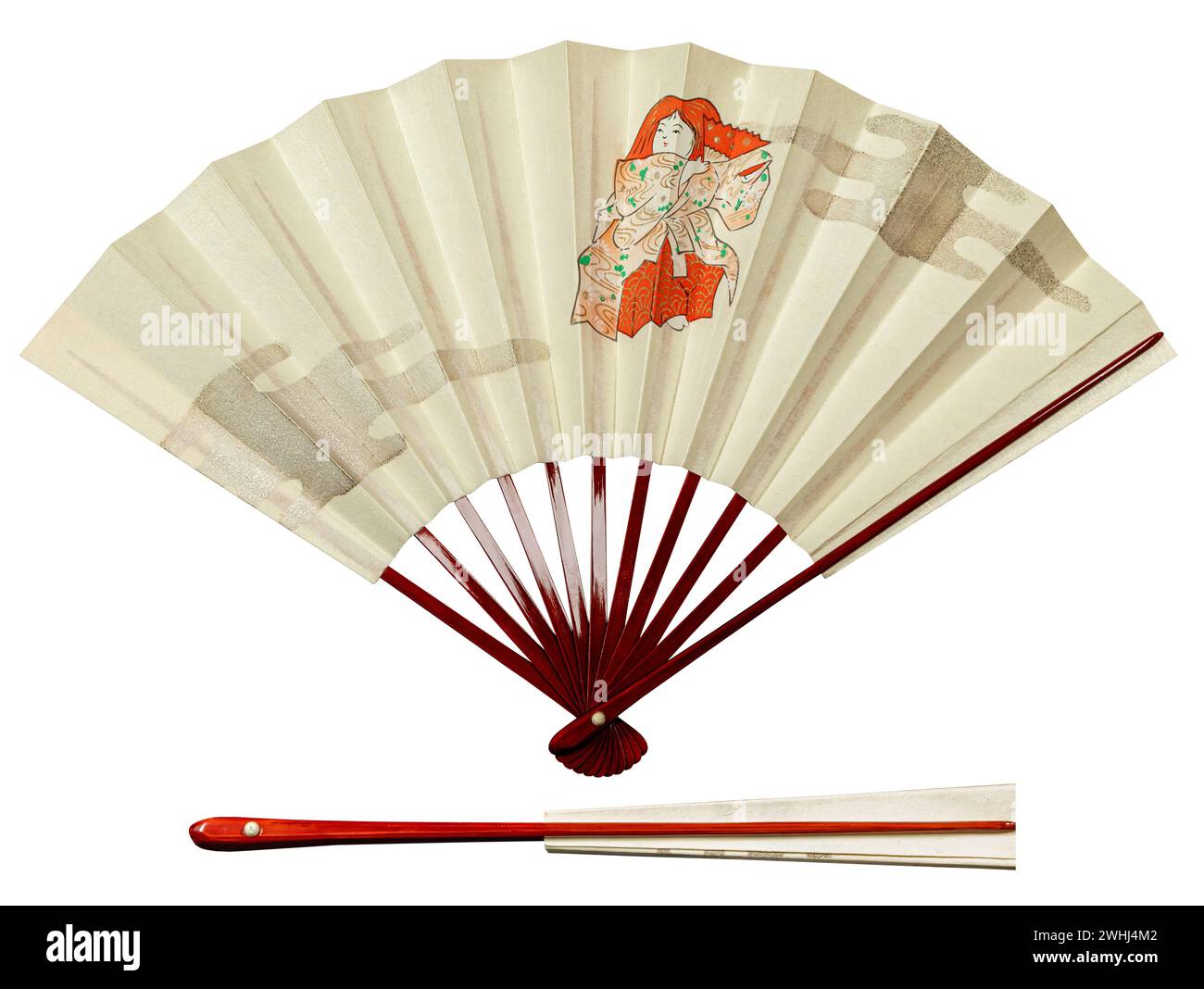 Ventilateur à main vintage traditionnel japonais en papier et bambou avec ornement rouge, isolé sur blanc. Banque D'Images