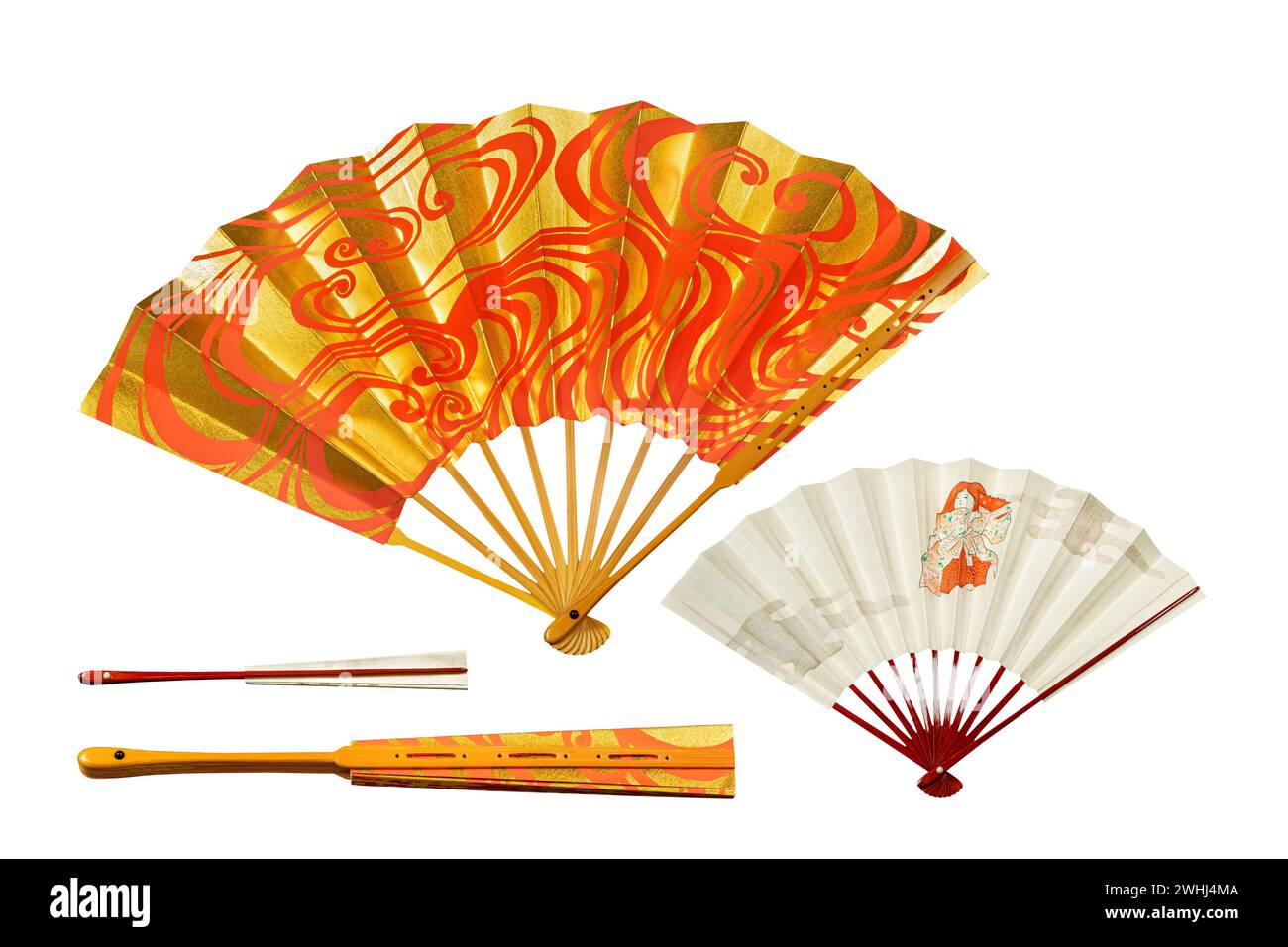 Ventilateurs traditionnels japonais à main en papier et bambou avec ornement or et rouge, isolé sur blanc. Banque D'Images