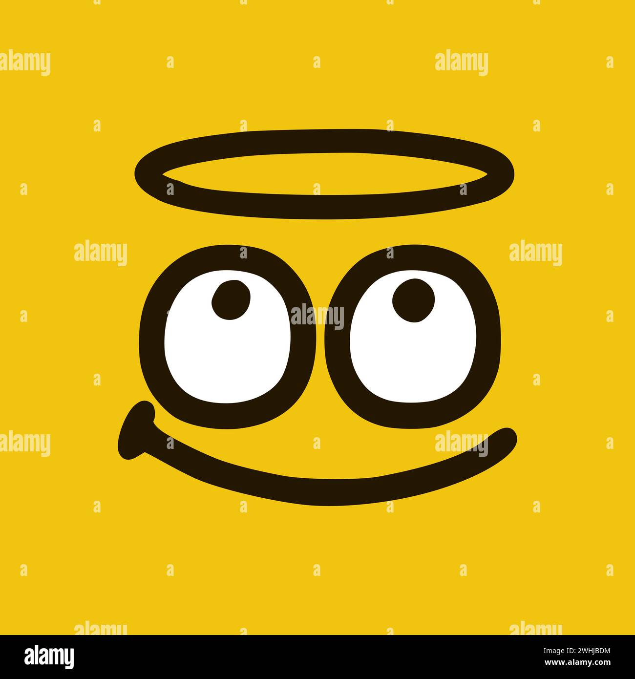 Bonne émoticône Saint dans un style doodle. Expressions de visage de dessin animé isolées sur fond jaune Banque D'Images