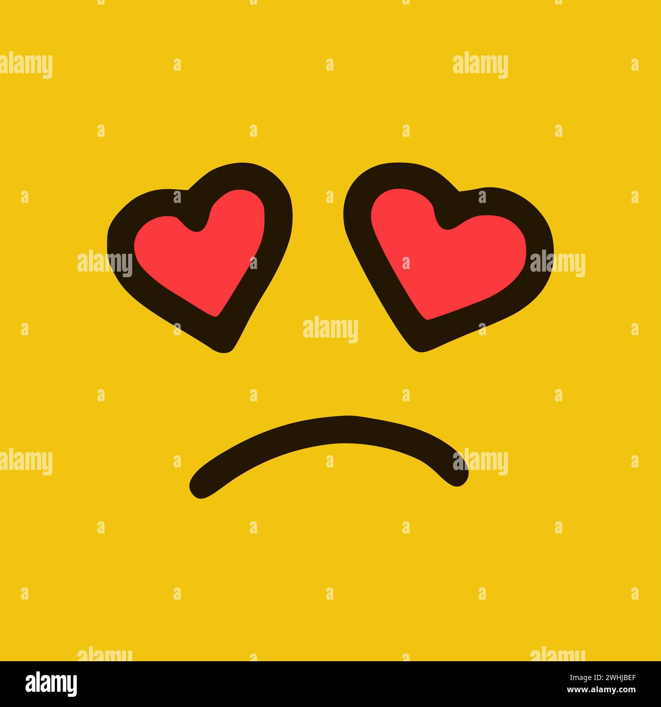 Émoticône d'amour triste dans le style Doodle. Expressions de visage de dessin animé isolées sur fond jaune Banque D'Images