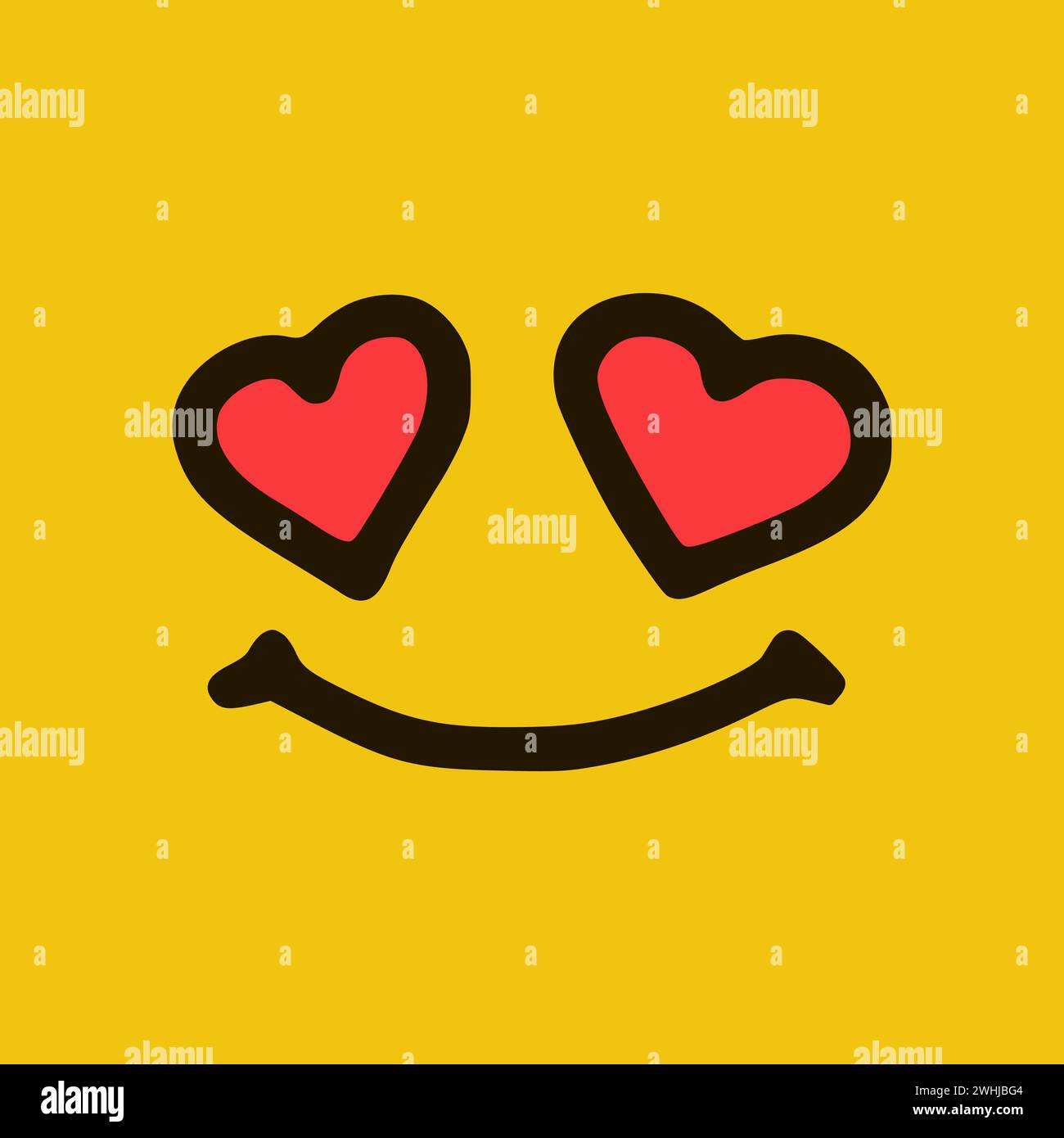 Émoticone amoureux dans le style Doodle. Expressions de visage de dessin animé isolées sur fond jaune Banque D'Images