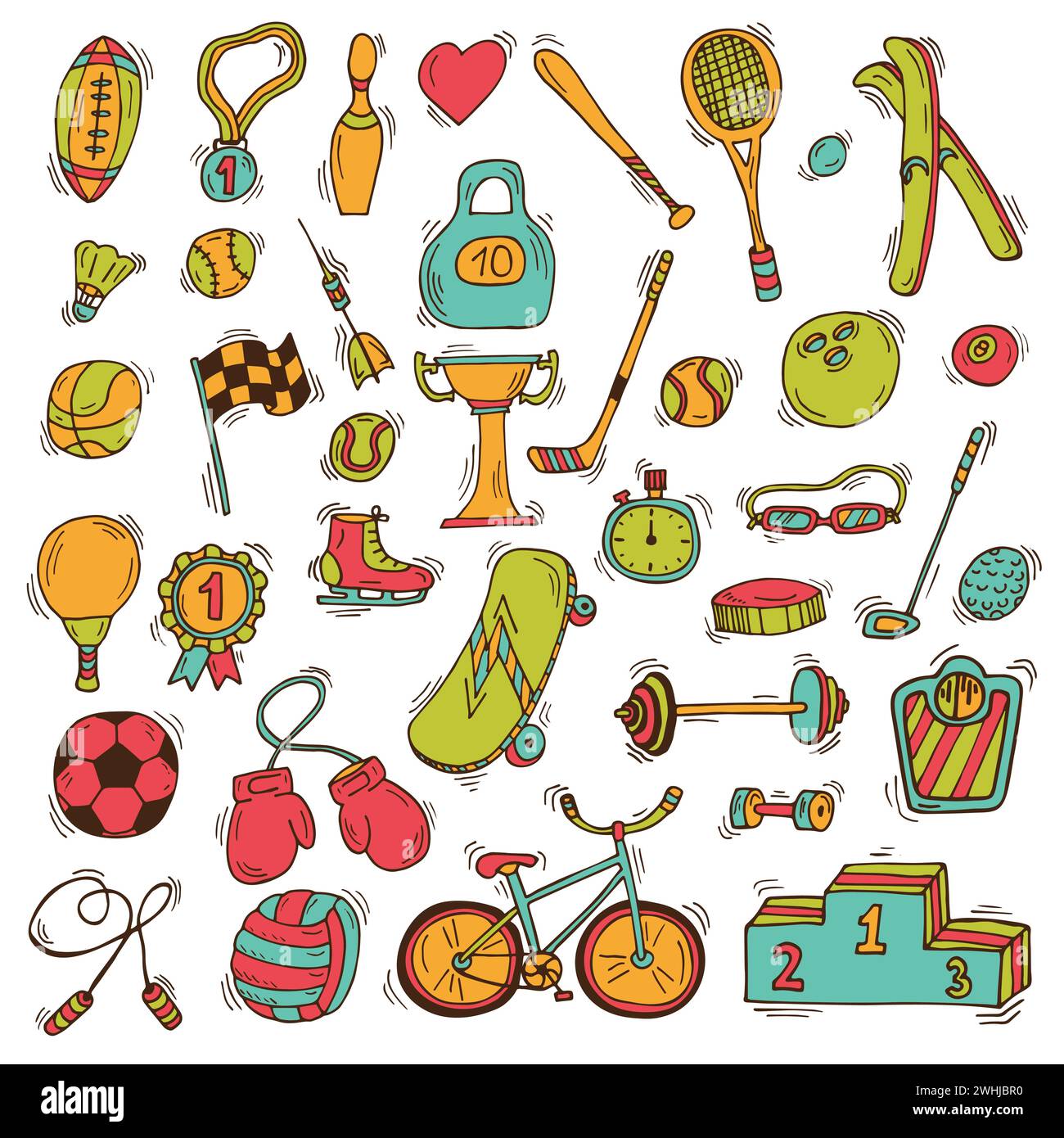 Ensemble d'icônes de sport dans le style croquis. EQUIPEMENT de sport dessiné à la main. Illustration vectorielle Illustration de Vecteur