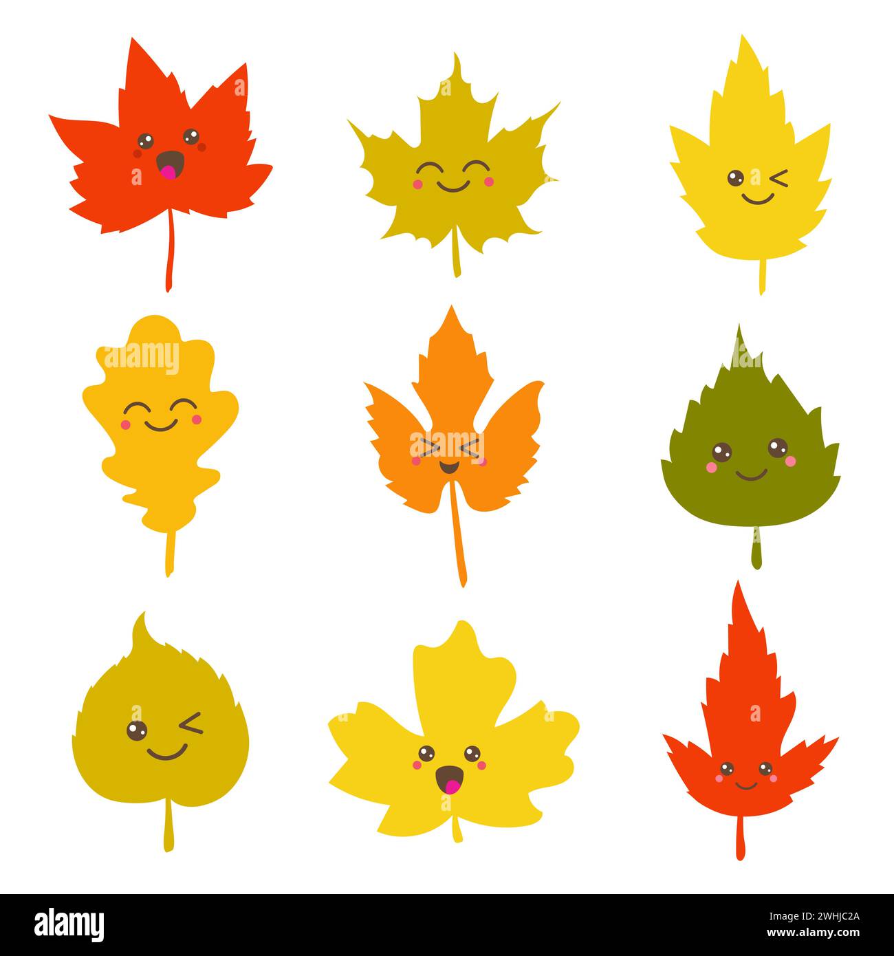 Collection de jolies feuilles d'automne dans le style kawaii. Illustration vectorielle Illustration de Vecteur