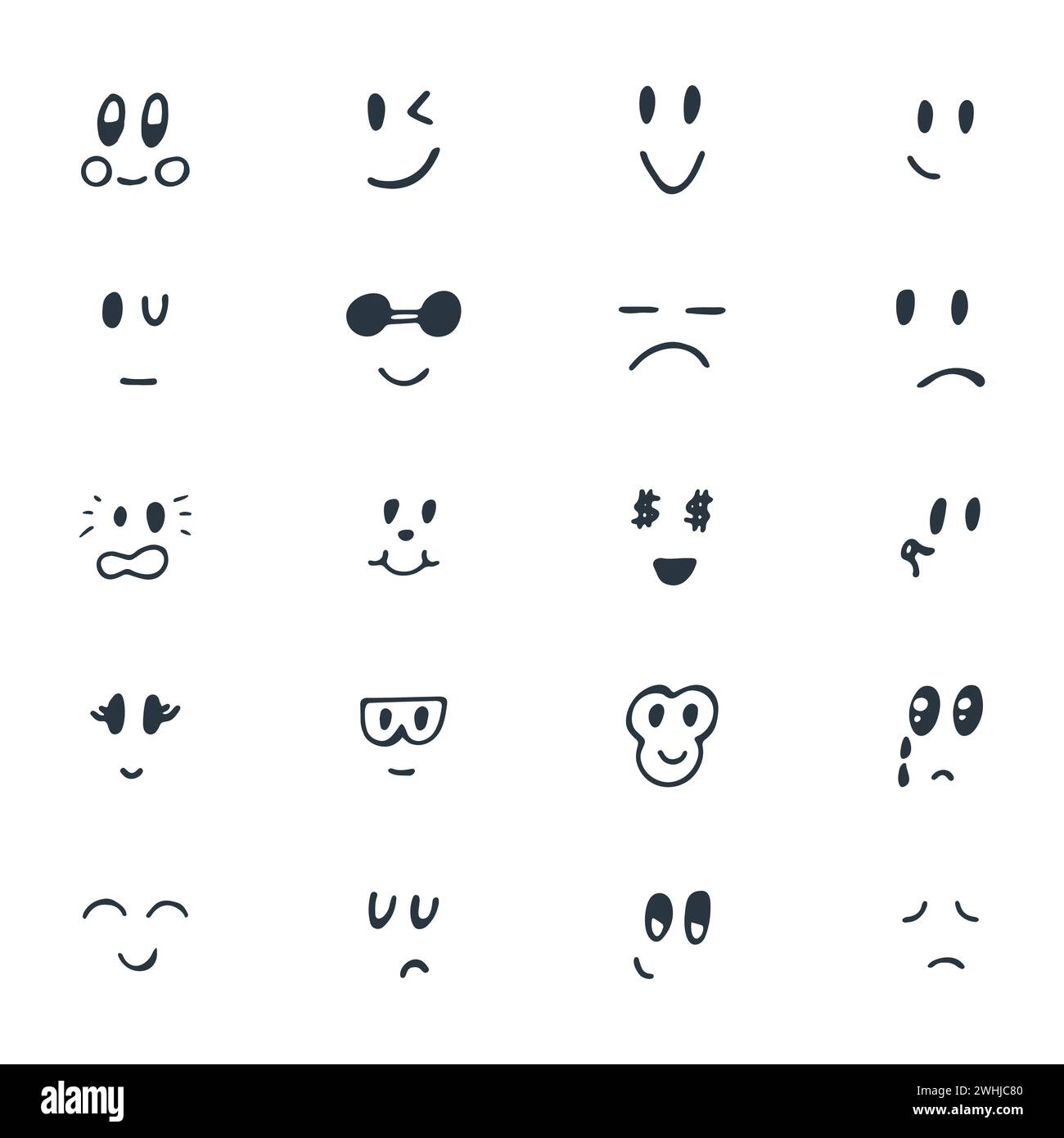 Ensemble de visages smiley drôles dessinés à la main. Ensemble d'expressions faciales esquissées. Illustration vectorielle Illustration de Vecteur