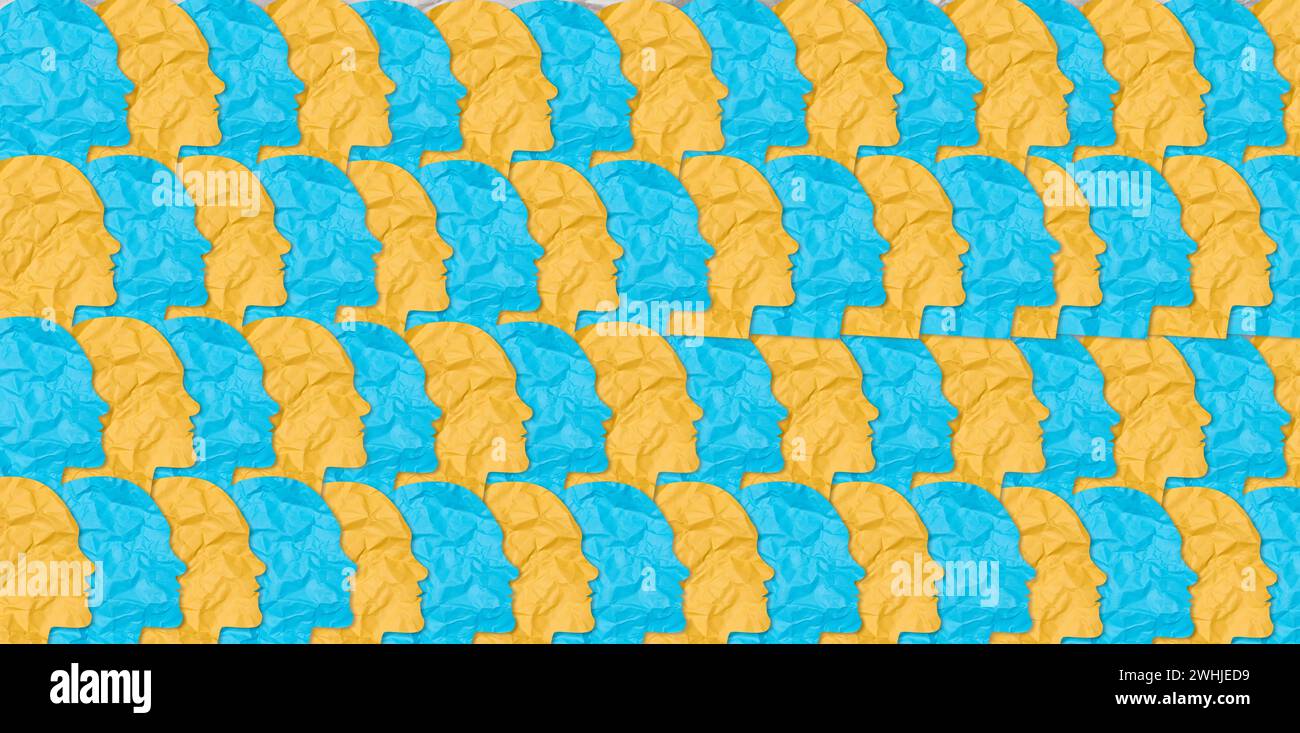 Têtes de papier découpées jaunes et bleues dans une rangée. Unité, les gens se rassemblent. Banque D'Images