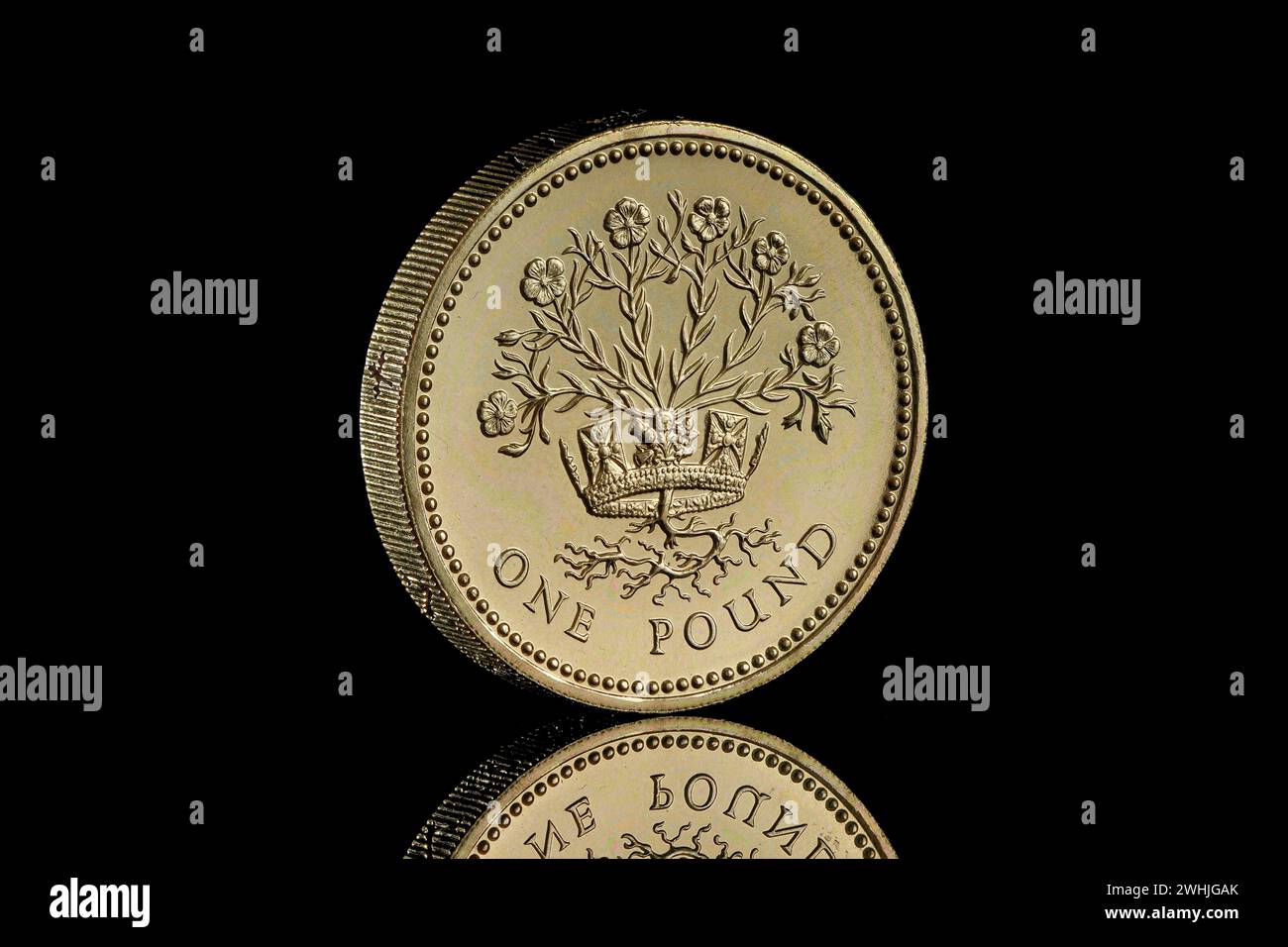 1986 Royaume-Uni pièce de 1 £. Le dessin inversé montre un lin d'Irlande du Nord dans une couronne, par Leslie Durbin L'avers montre la reine Elizabeth II Banque D'Images