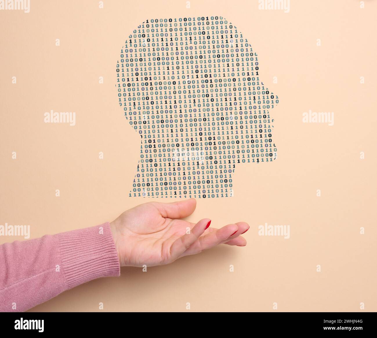 Silhouette de tête humaine. Formation en intelligence artificielle basée sur les informations disponibles. Traitement de tableaux d'informations Banque D'Images