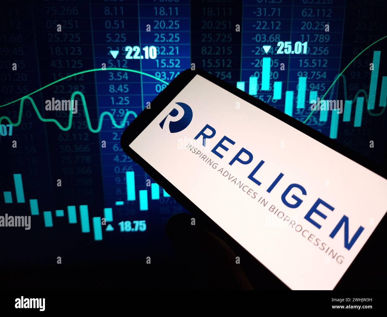 Konskie, Pologne - 09 février 2024 : logo de la société Repligen affiché sur le téléphone portable Banque D'Images