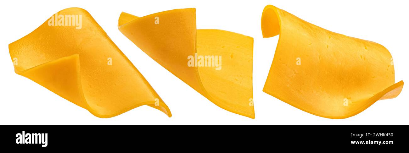 Fromage fondu, tranches de fromage Burger isolé sur fond blanc Banque D'Images