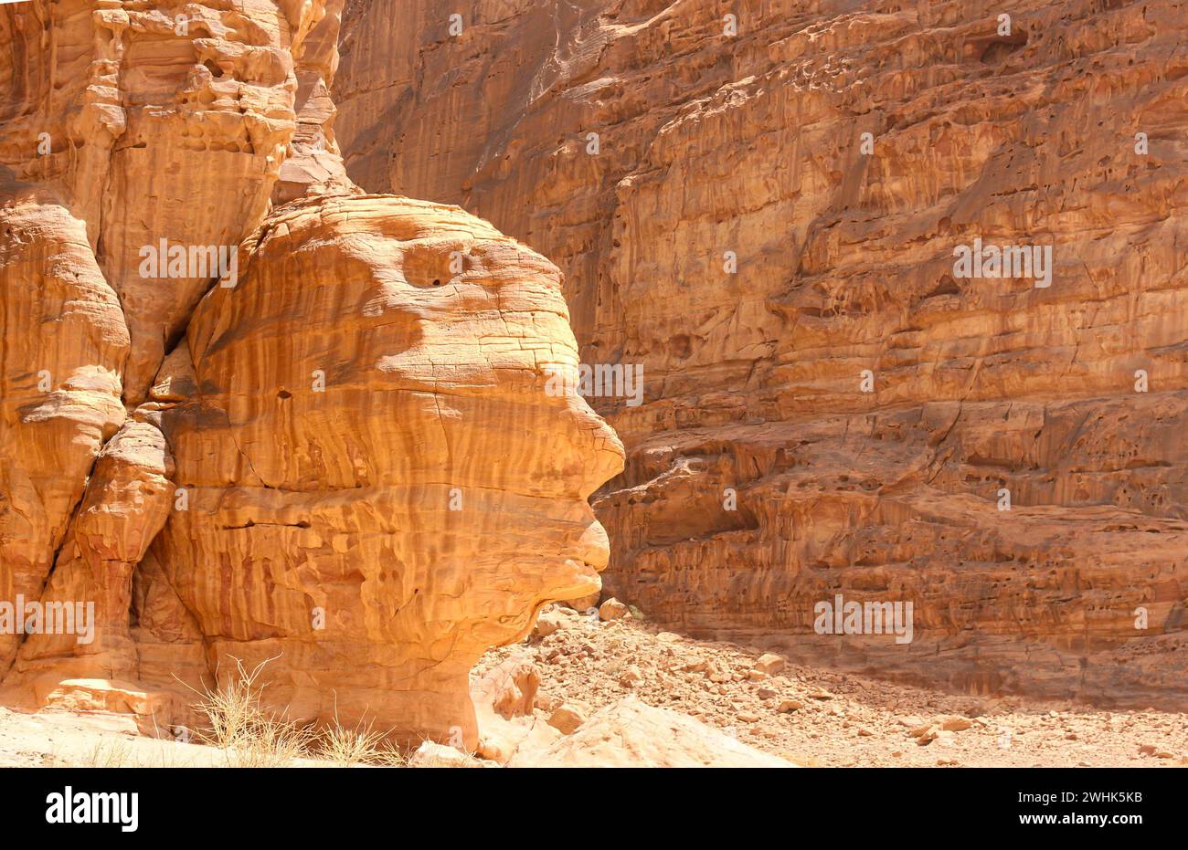 Visage humain comme rocher à Wadi Rum, Jordanie. Banque D'Images