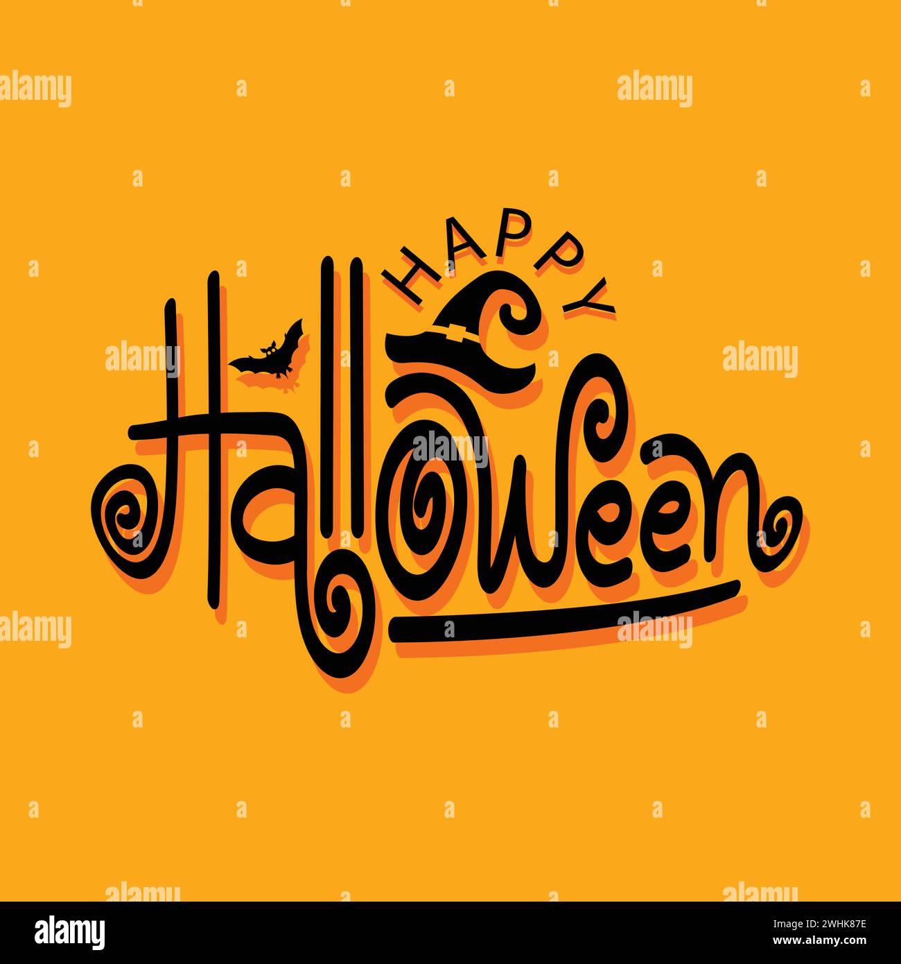 Bonne typographie d'Halloween avec vecteur chapeau d'Halloween, chauve-souris sur fond de couleur orange. Conception de calligraphie pour célébrer les vacances du monde d'Halloween Illustration de Vecteur