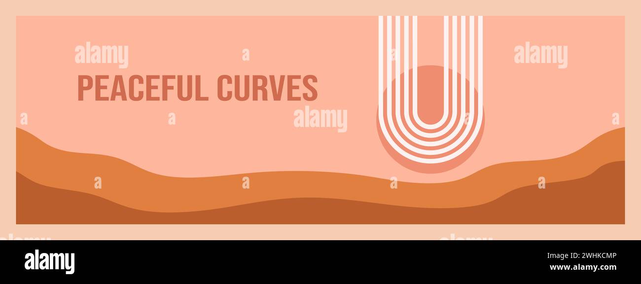 Modèle de bannière Zen arches géométriques minimalistes avec texte - courbes paisibles. Formes boho abstraites dans une esthétique rétro pour une utilisation de design polyvalente. Vecteur Illustration de Vecteur