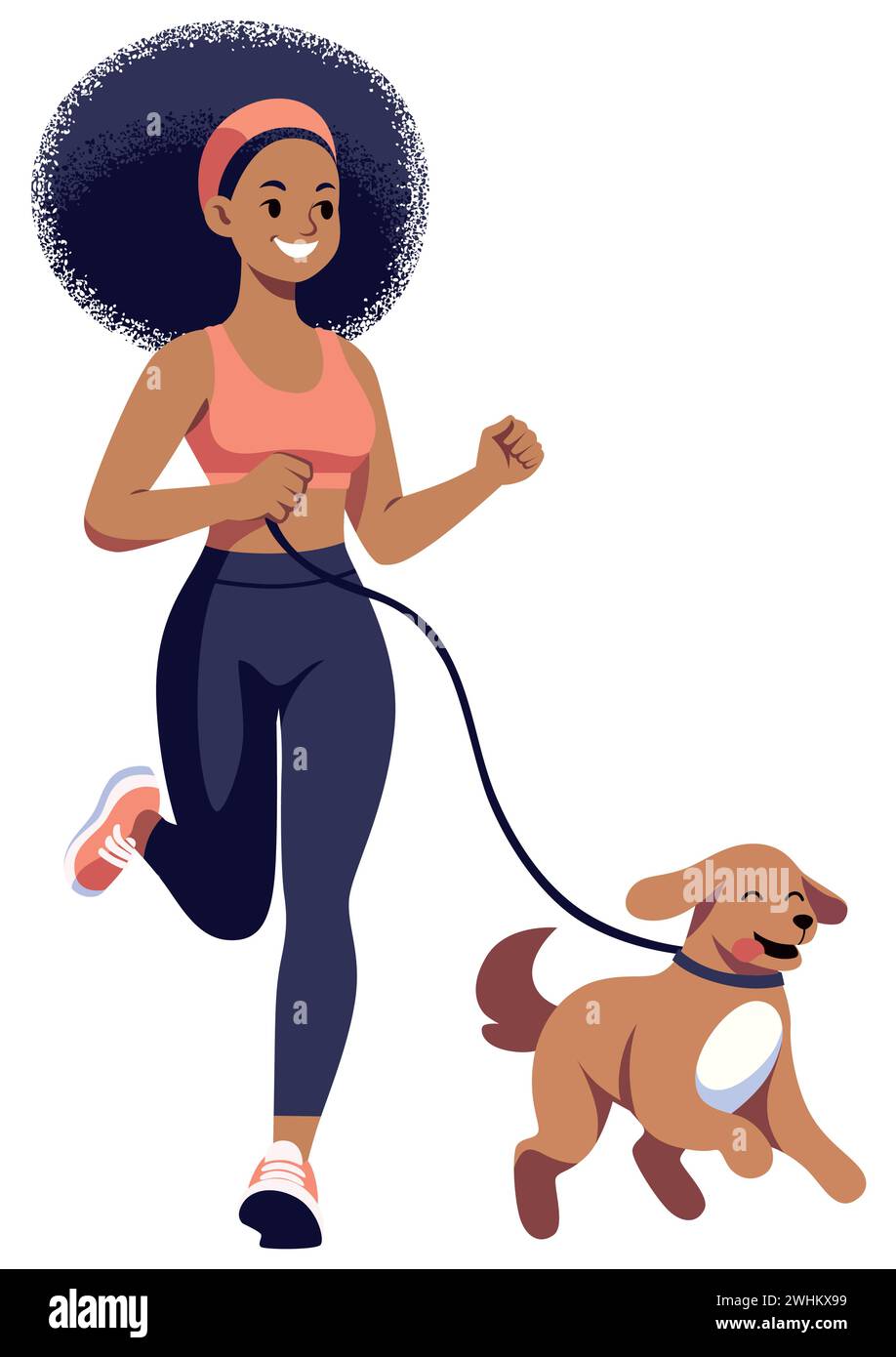 Illustration de style plat d'une femme africaine faisant du jogging avec son chien, isolé sur fond blanc. Illustration de Vecteur