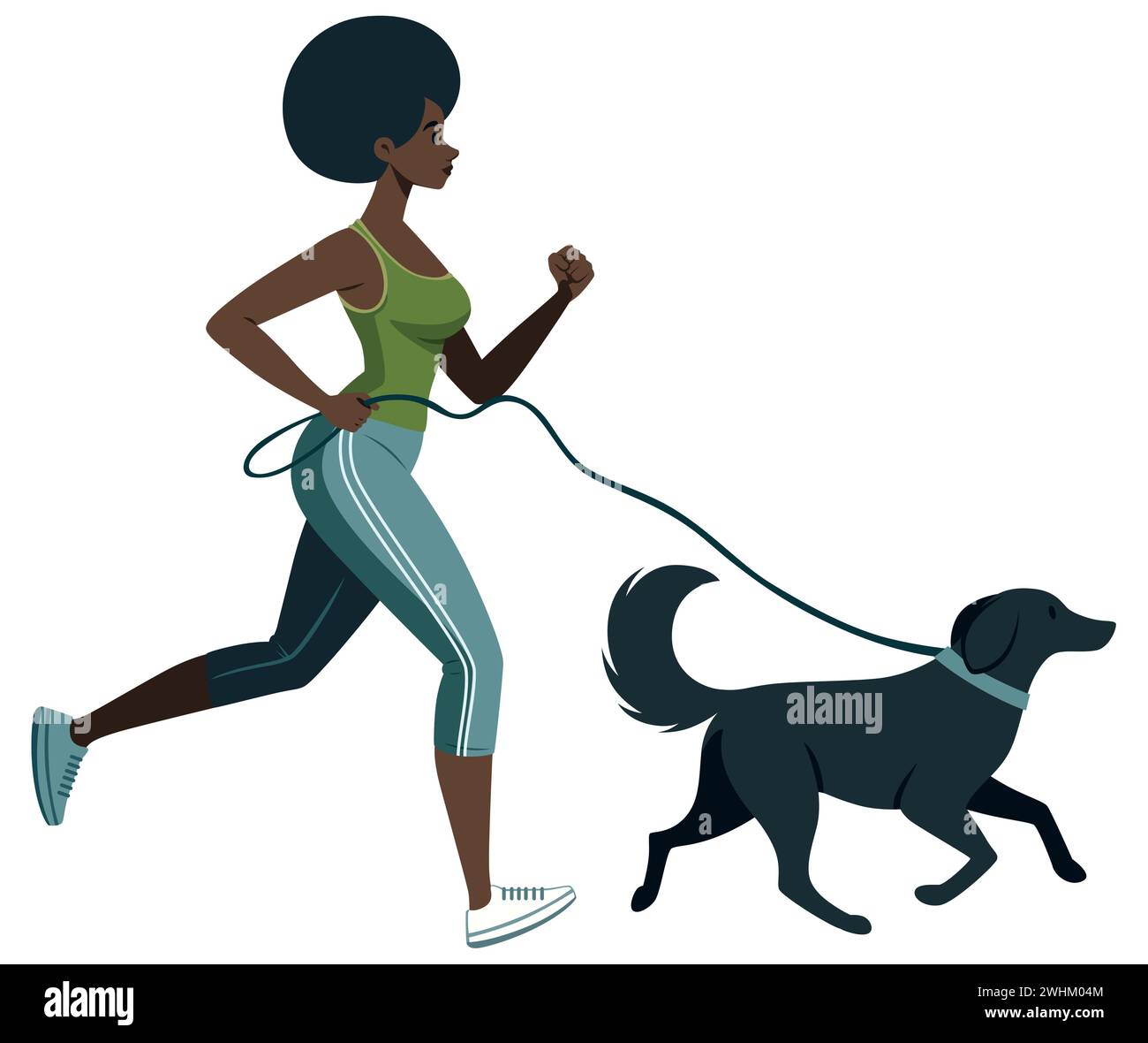 Illustration de style plat d'une femme africaine faisant du jogging avec son chien, isolé sur fond blanc. Illustration de Vecteur