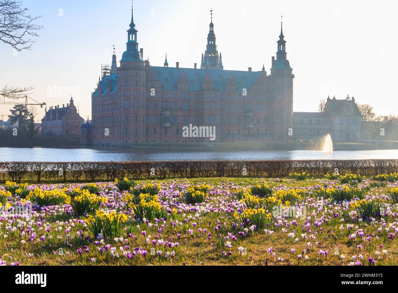 Vue sur le château de Frederiksborg à Hillerod, Danemark. Beau lac et jardin avec des crocodiles et des jonquilles en premier plan Banque D'Images